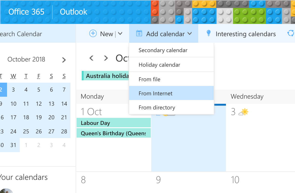 Office 365 Add Calendar Dropdown