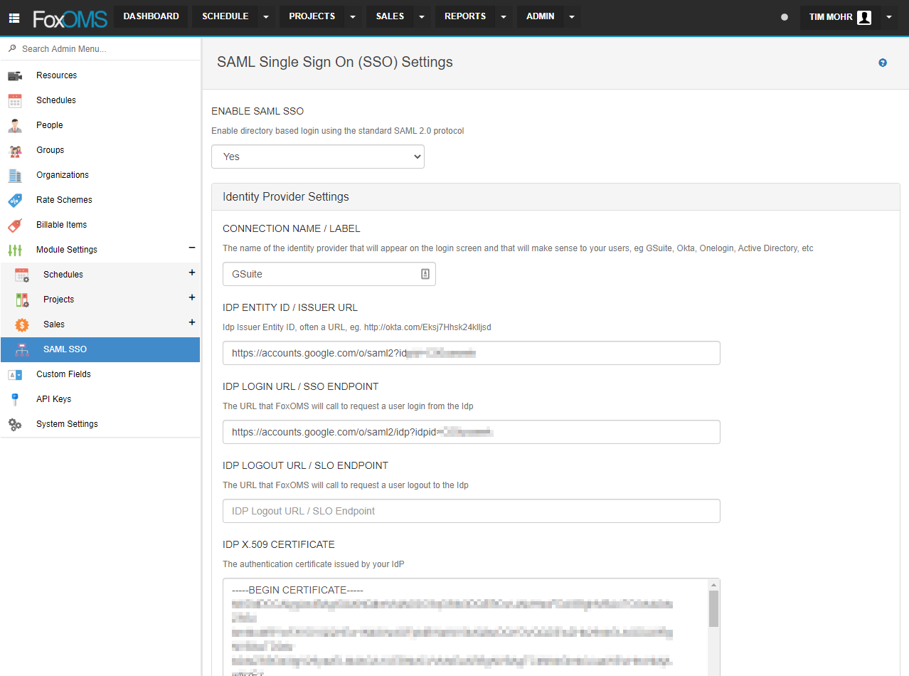 FoxOMS SAML Settings