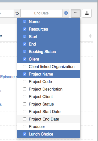 Booking Table Column Selection