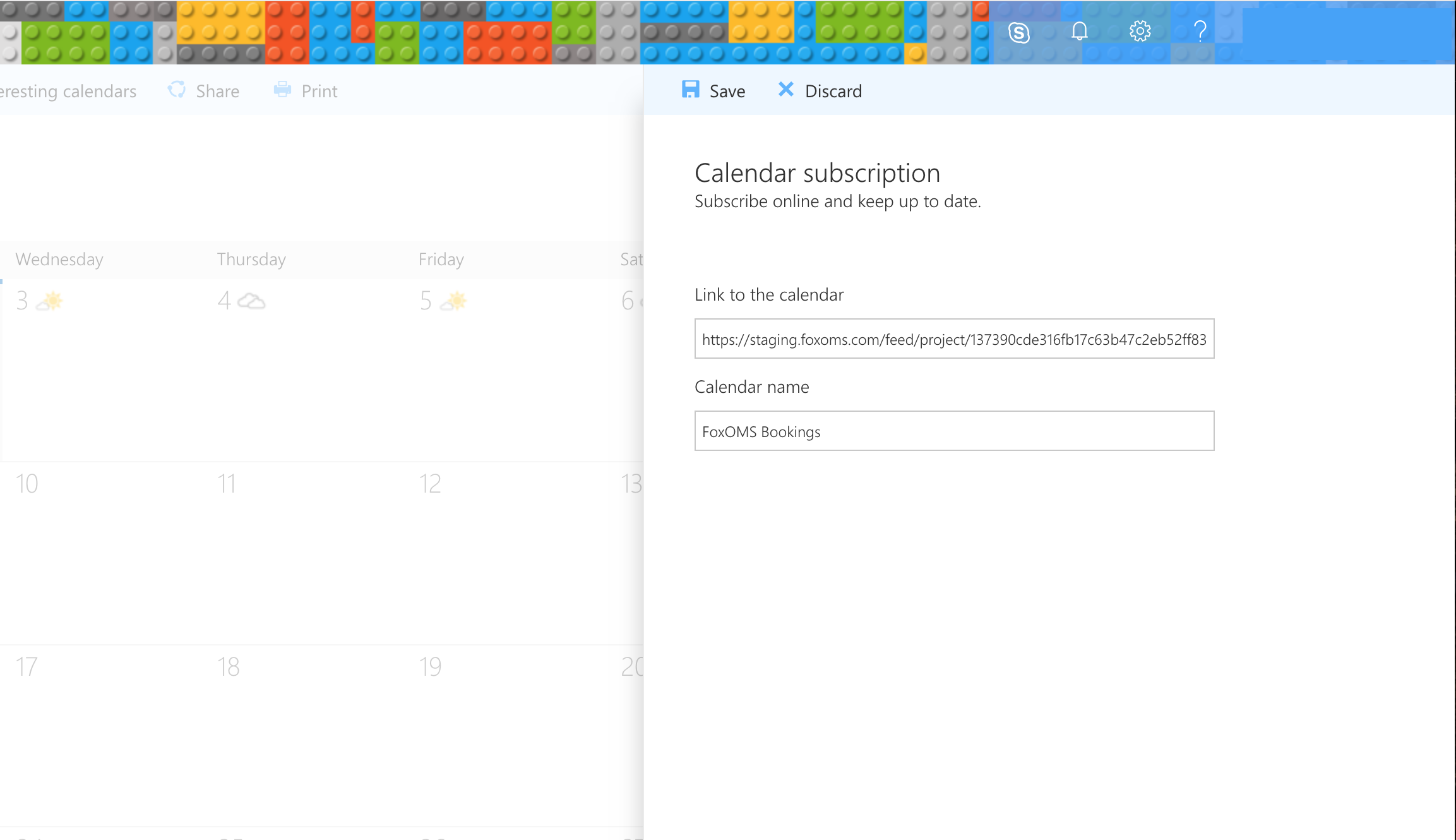 Office 365 Add Calendar Screen