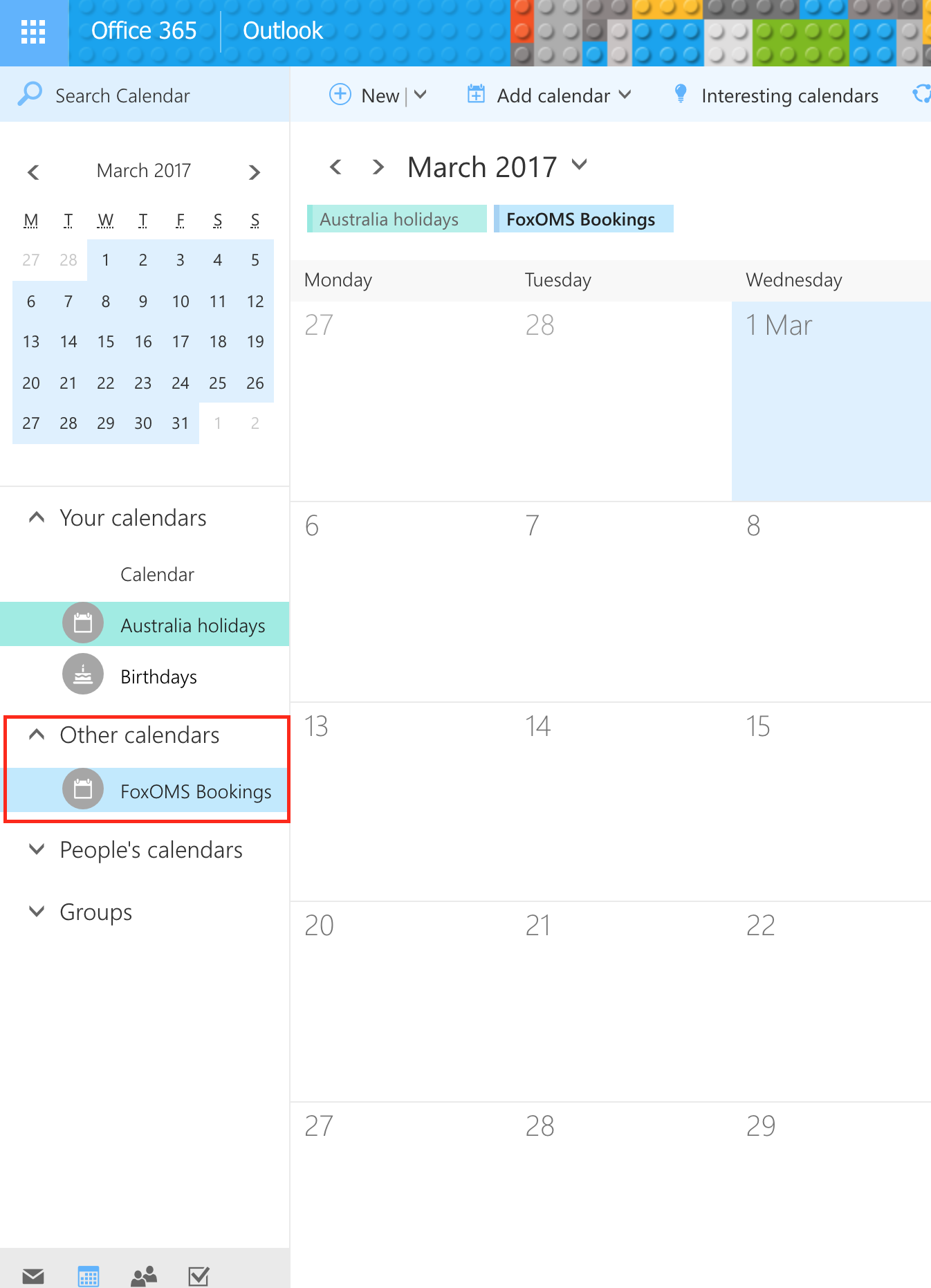 Office 365 Other Calendars Sidebar